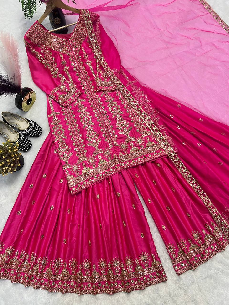 Modern Magenta Heavy Embroidered Ensemble